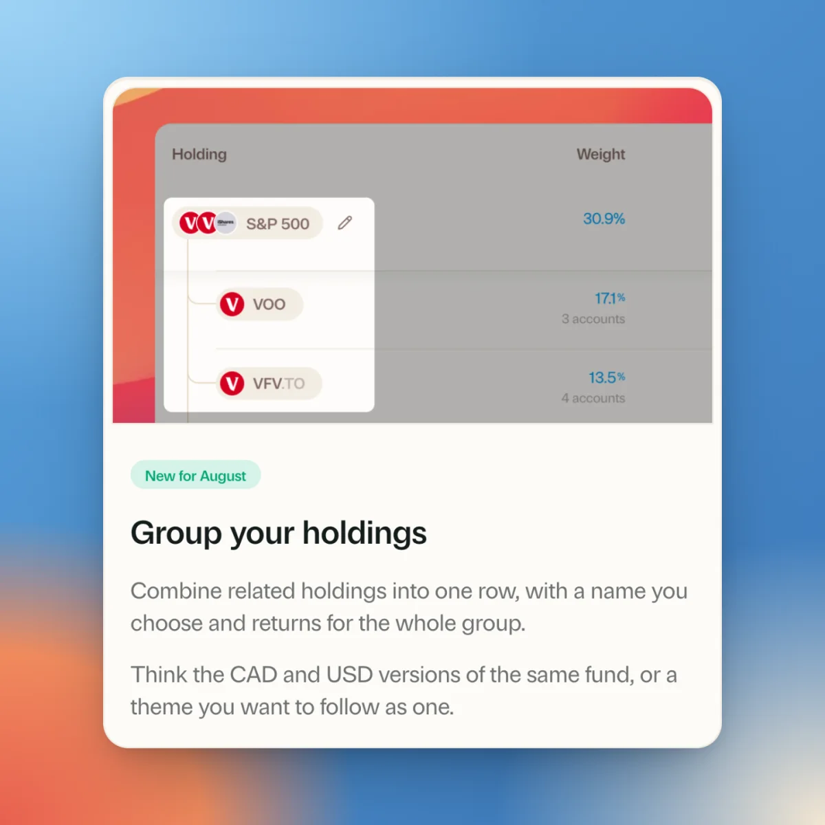 The Group your holdings announcement in Greenline, showing an S&P 500 group with VOO and VFV