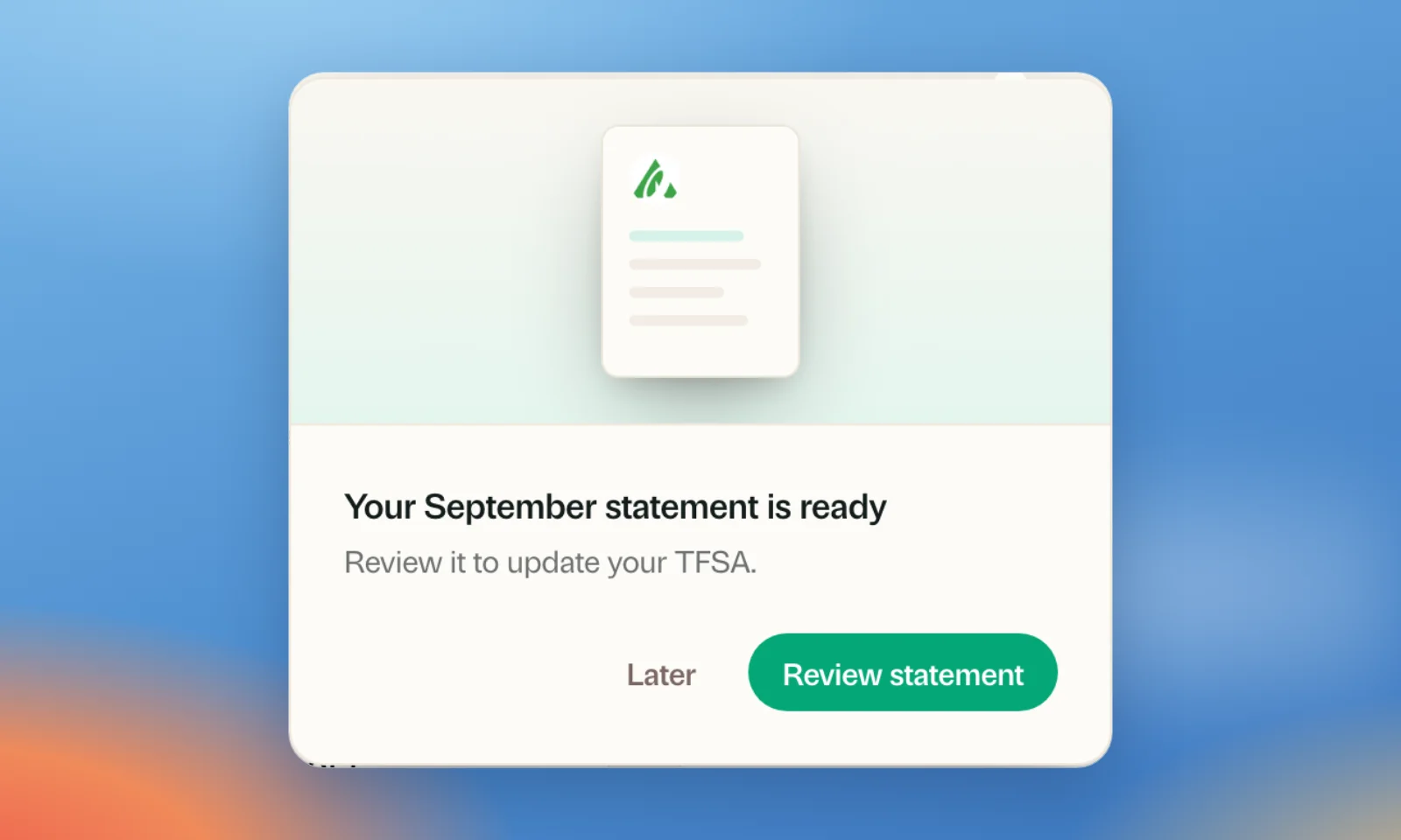 A Greenline reminder that reads Your September statement is ready, with Later and Review statement buttons