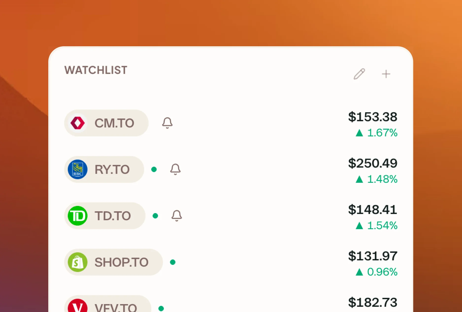 Adding a ticker to the Watchlist card on the Greenline Today tab